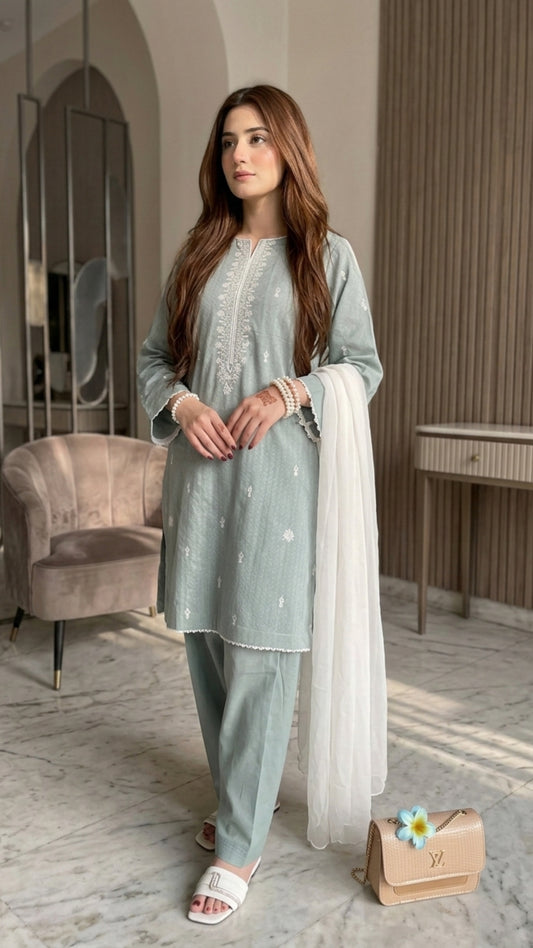 3 Piece - Self Jacquard Lawn - Eid Collection + 🎁Free Matching Bracelet